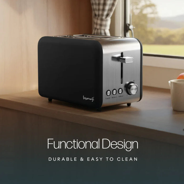 Leisurewize Sleek 2-Slice Toaster Black 850W - product image, showing a black and silver VEVITA 2-slice toaster sitting on a wooden kitchen counter in front of a window. The image features the text 'Functional Design DURABLE & EASY TO CLEAN' at the bottom.