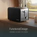 Leisurewize Sleek 2-Slice Toaster Black 850W - product image, showing a black and silver VEVITA 2-slice toaster sitting on a wooden kitchen counter in front of a window. The image features the text 'Functional Design DURABLE & EASY TO CLEAN' at the bottom.
