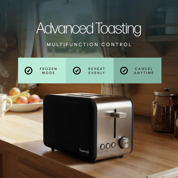 Leisurewize Sleek 2-Slice Toaster Black 850W - product image, showing a black and brushed silver toaster sitting on a wooden kitchen counter with promotional text above it reading 'Advanced Toasting' and feature callouts for frozen mode, reheat evenly, and cancel anytime.