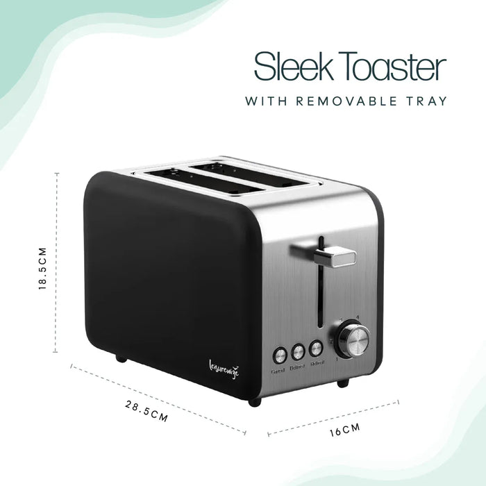 Leisurewize Sleek 2-Slice Toaster Black 850W - product image, showing a black and stainless steel 2-slice toaster with dimension markings showing 18.5 cm height, 28.5 cm depth, and 16 cm width