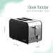 Leisurewize Sleek 2-Slice Toaster Black 850W - product image, showing a black and stainless steel 2-slice toaster with dimension markings showing 18.5 cm height, 28.5 cm depth, and 16 cm width