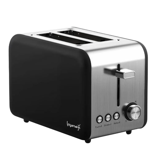 Leisurewize Sleek 2-Slice Toaster Black 850W - main product image, showing a modern two-slice toaster with a matte black body and a brushed stainless steel front panel, featuring a rotary dial and three small buttons on the side, shown on a plain white background.
