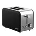 Leisurewize Sleek 2-Slice Toaster Black 850W - main product image, showing a modern two-slice toaster with a matte black body and a brushed stainless steel front panel, featuring a rotary dial and three small buttons on the side, shown on a plain white background.
