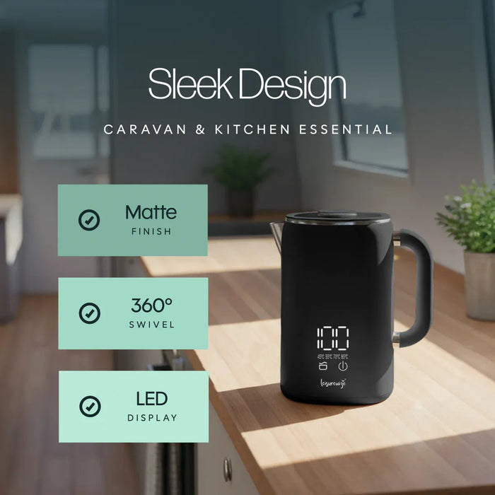 Leisurewize Sleek LED Kettle Black 1.7L 1000W - product image, showing a matte black electric kettle with a digital LED display and handle on a wooden countertop in a kitchen setting. The image includes marketing text overlays reading 'Sleek Design', 'Matte Finish', '360° Swivel', and 'LED Display'.