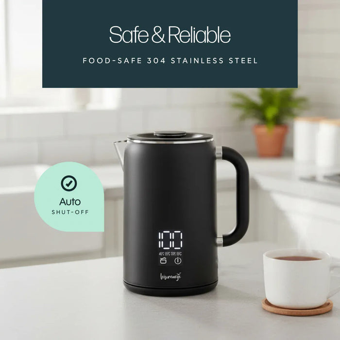 Leisurewize Sleek LED Kettle Black 1.7L 1000W - product image, showing a matte black electric kettle with a digital display and handle, set on a kitchen counter next to a white cup. A dark teal banner at the top reads 'Safe & Reliable FOOD-SAFE 304 STAINLESS STEEL', and a mint green badge on the left says 'Auto SHUT-OFF'.
