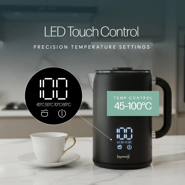 Leisurewize Sleek LED Kettle Black 1.7L 1000W - product image, showing a black electric kettle with LED touch control display on a marble countertop next to a white coffee cup. The image includes text overlays highlighting 'LED Touch Control' and 'PRECISION TEMPERATURE SETTINGS', along with a circular inset showing the digital temperature display.