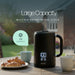 Leisurewize Sleek LED Kettle Black 1.7L 1000W - product image, showing a large black electric kettle with a digital display sits on a wooden table outdoors, with coffee mugs and croissants nearby. Text on the image highlights 'Large Capacity' and '1.
