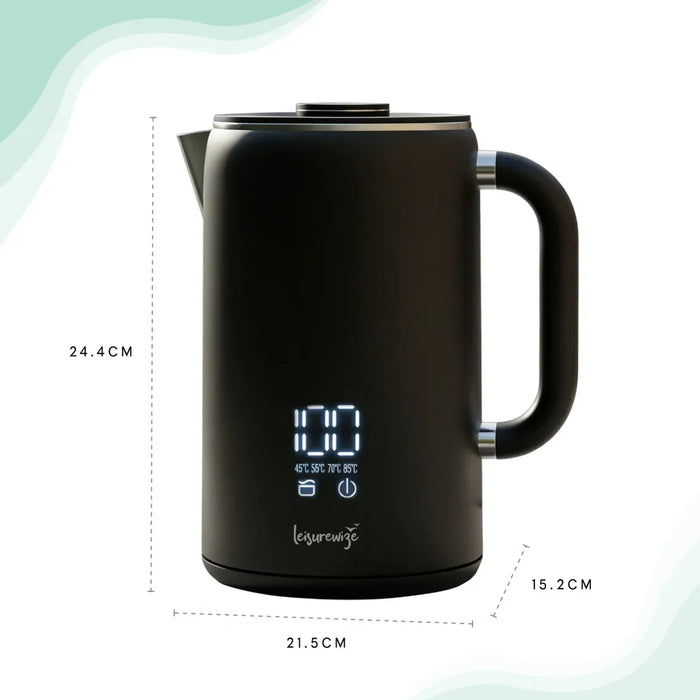Leisurewize Sleek LED Kettle Black 1.7L 1000W - product image, showing a black electric kettle with a digital display and measurement labels showing height, width, and depth on a white background with soft green wavy accents.