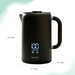 Leisurewize Sleek LED Kettle Black 1.7L 1000W - product image, showing a black electric kettle with a digital display and measurement labels showing height, width, and depth on a white background with soft green wavy accents.