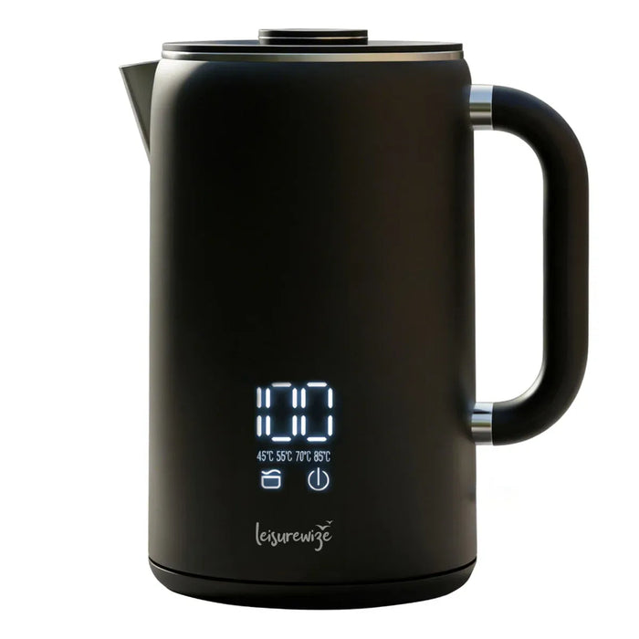 Leisurewize Sleek LED Kettle Black 1.7L 1000W - main product image, showing a matte black electric kettle with a digital LED display showing 100 and temperature readings, and the brand name 'leisurewize' printed near the bottom, set against a plain white background.
