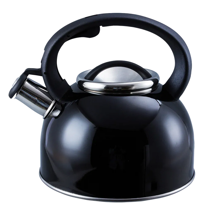 Liberty Leisure 3L Whistling Kettle – Black - main product image, showing a black stovetop kettle with metallic lid and spout on a white background