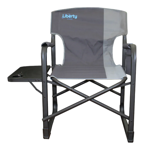 Liberty Leisure Director Camping Chair with Side Table – Grey - main product image, of a grey folding chair with a small table on a white background, featuring the 'Liberty' brand.