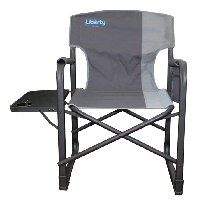 Liberty Leisure Director Camping Chair with Side Table – Grey - main product image, of a grey folding chair with a small table on a white background, featuring the 'Liberty' brand.