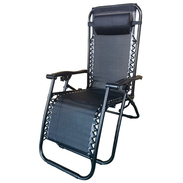 Liberty Leisure Hygrove Zero Gravity Relaxer Chair – Black - main product image of a black zero-gravity outdoor lounge chair with a mesh fabric seat and backrest, supported by a tubular metal frame with tensioning hardware.