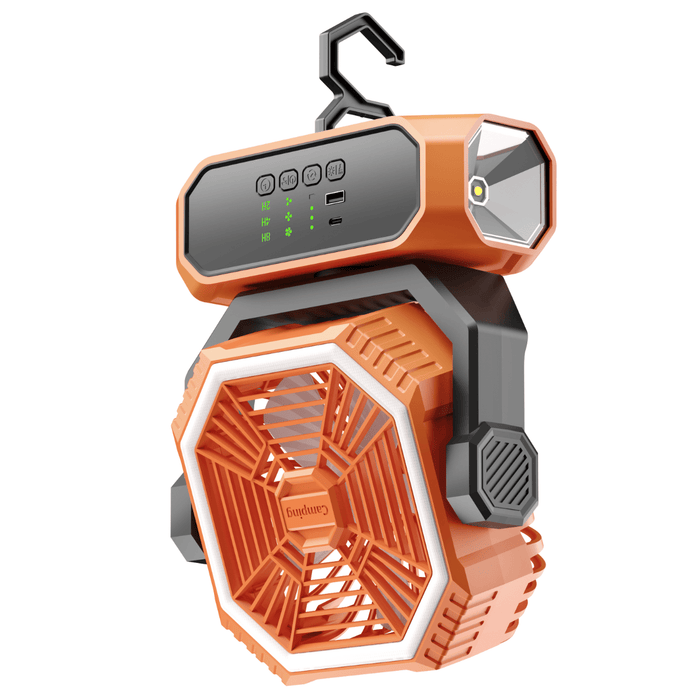 Lifestyle Rechargeable Camping Fan, LED Light & Power Bank - product image, showing fan/light hung upside-down by hook in base