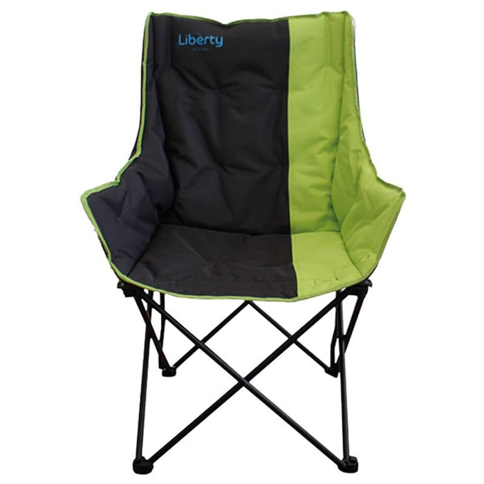 Liberty Leisure Comfort Padded Folding Camping Chair - Various Colours - product image of a folding camp chair with a black and lime green padded seat and backrest, featuring the brand name 'Liberty' in blue on the upper left backrest, set against a plain white background.