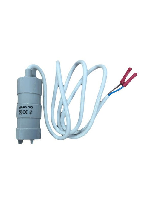 A grey MAAS 12V Submersible Water Pump 10L/Min – HY2510 with a white cable and two exposed wire ends, one red and one blue, on a plain white background.