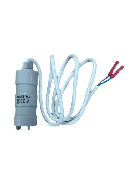 A grey MAAS 12V Submersible Water Pump 10L/Min – HY2510 with a white cable and two exposed wire ends, one red and one blue, on a plain white background.