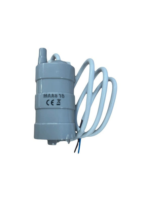 A light gray plastic pump or dispenser component with a coiled tube attached and small wire leads, shown on a plain white background. The body has printed text reading 'MAAS 16' with CE markings.