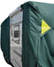 Green RV cover with a yellow triangle on a white background
