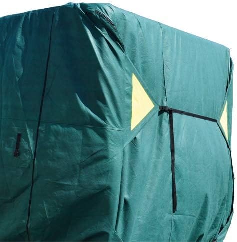 Teal tent with yellow accents on a white background