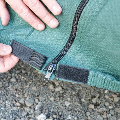 Close-up of a person zipping up a green jacket with a black zipper.