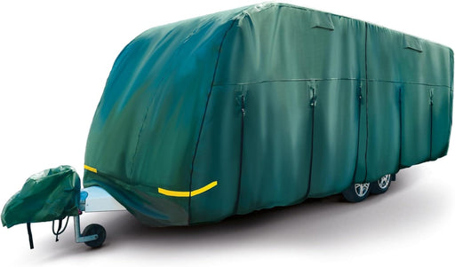Green travel trailer with a cover on a white background