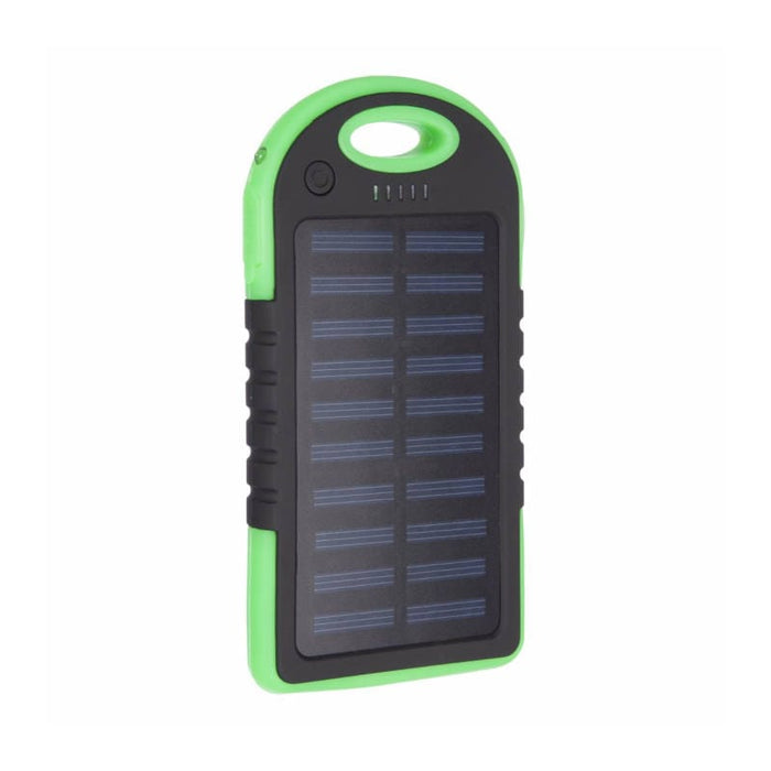 Object Solar 4,000mAh Portable Power Bank with Dual USB - main product image, showing a portable solar power bank with a black and green rugged design, featuring a built-in handle and a solar panel on the front, set against a plain white background.