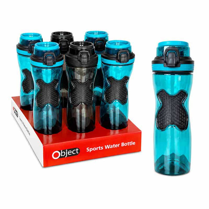 Object Sports Water Bottle 750ml – BPA Free - main product image, showing six translucent teal sports water bottles with black caps and textured black grip panels, displayed in a red retail box with one bottle standing outside on a white background. The box shows the brand name 'Object' and the text 'Sports Water Bottle'.