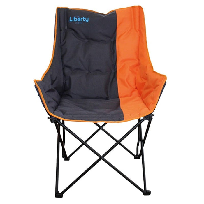 Liberty Leisure Comfort Padded Folding Camping Chair - Various Colours - product image of a folding camp chair with a dark gray and bright orange split design, featuring a black metal frame and the 'Liberty' brand logo on the upper backrest.