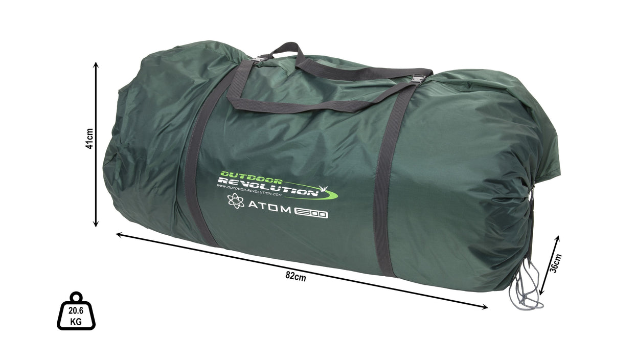 Outdoor Revolution Atom 500 - product image, showing carry bag with dimensions and total weight measurement