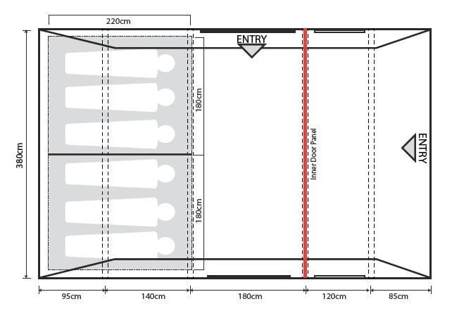 Outdoor Revolution Atom 600 - product bird's eye view floorplan infographic with dimensions