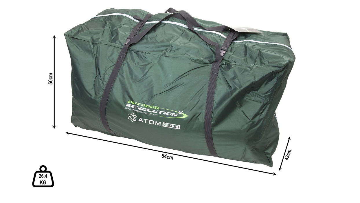 Outdoor Revolution Atom 600 - product image, showing carry bag with dimensions and total weight measurement