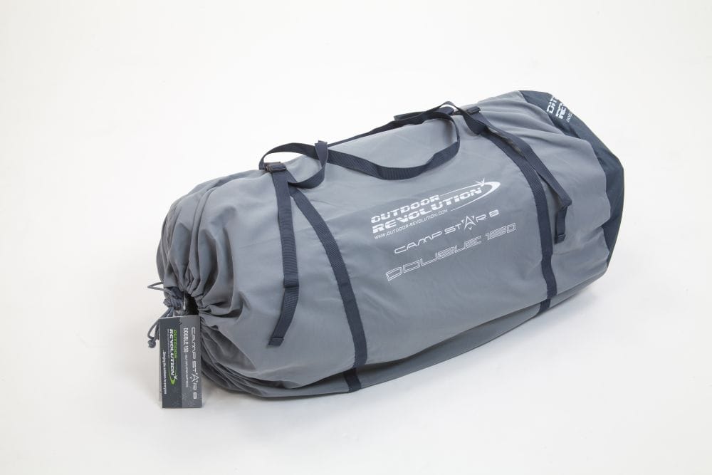 Blue and grey Outdoor Revolution camp star double inflatable mattress packed in storage bag with brand logo on a white background