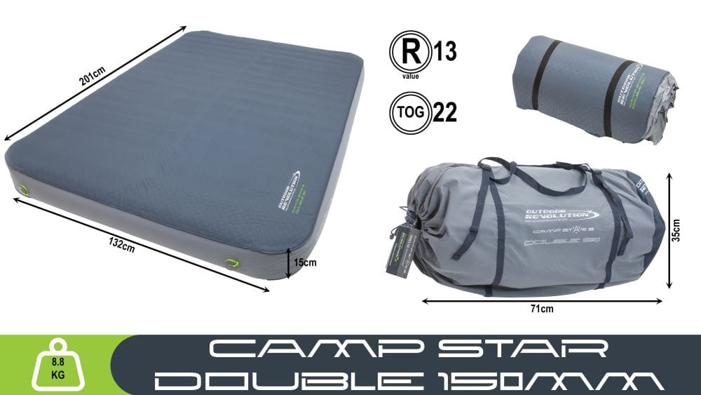 inflatable camping mattress with dimensions and packaging shown, featuring Outdoor Revolution Camp Star branding. Blue and grey on whitebackground