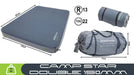 inflatable camping mattress with dimensions and packaging shown, featuring Outdoor Revolution Camp Star branding. Blue and grey on whitebackground
