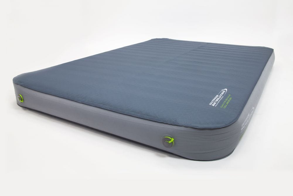 Blue and grey Outdoor Revolution camp star double inflatable mattress with brand logo on a white background