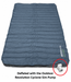 Blue inflatable mattress deflated for packing away with an Outdoor Revolution SIM pump that's connected on a white background