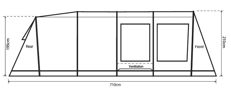 Outdoor Revolution Camp Star 600 DT- Poled 6-Berth Tunnel Tent Bundle layout image of side of tent showing height and length 