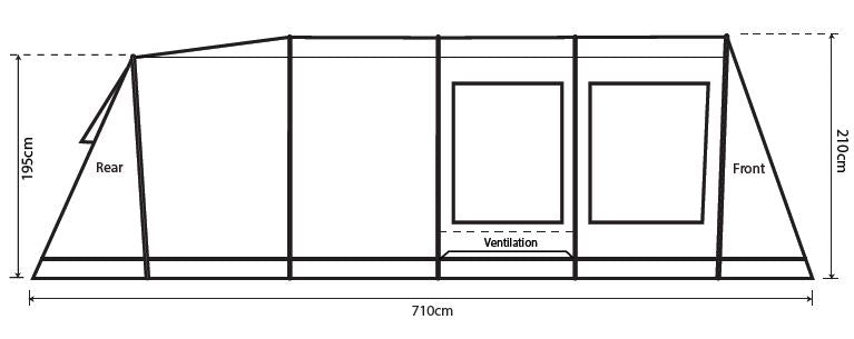 Outdoor Revolution Camp Star 600 PC DT- Polycotton Poled 6-Berth Tunnel Tent Bundle layout image of tent from the side showing height at front 210cm and at back 195cm