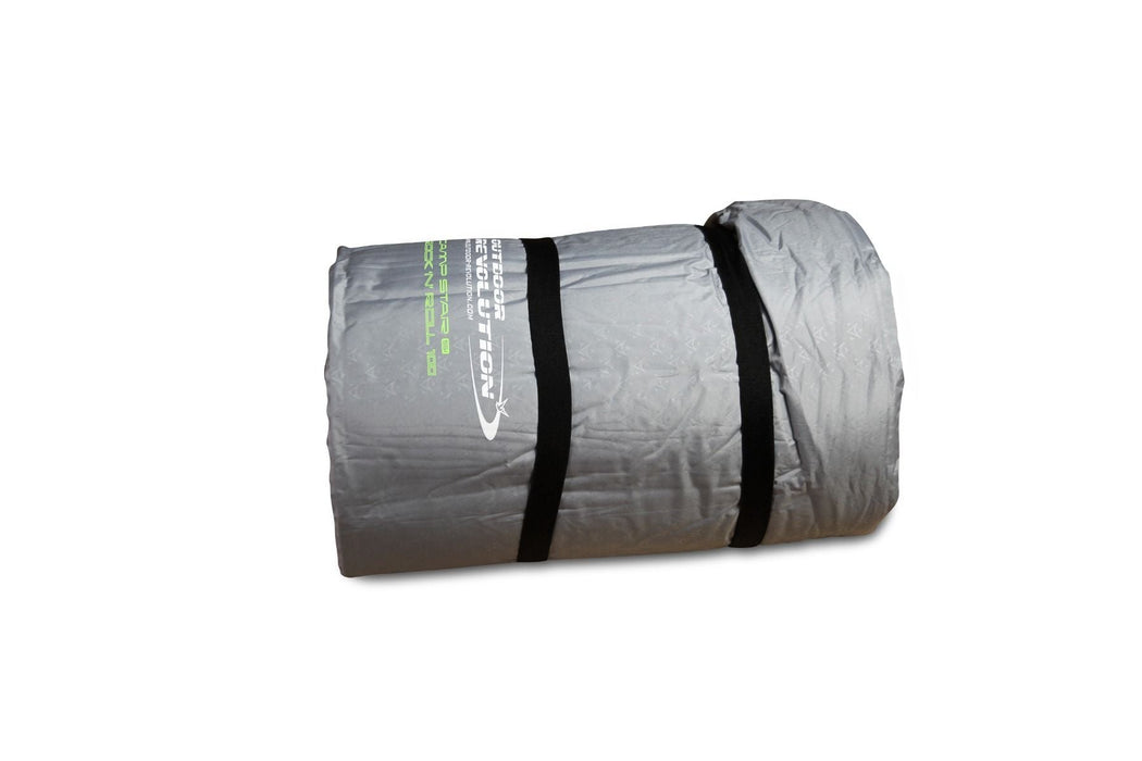 Outdoor Revolution Camp Star Rock 'n' Roll King 100mm Self Inflating Mattress - Monument & dark slate Grey feature image of mat rolled up put of the bag with black straps around