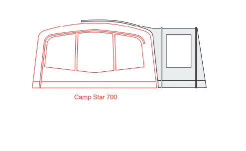 Outdoor Revolution Camp Star Side Porch - Fits Camp Star 500XL/600/700 layout image showing the porch in grey and the camp star 700 tent in red
