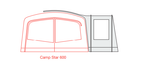 Outdoor Revolution Camp Star Side Porch - Fits Camp Star 500XL/600/700 layout image showing the porch in grey and the camp star 600 tent in red
