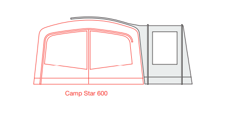 Outdoor Revolution Camp Star Side Porch - Fits Camp Star 500XL/600/700 layout image showing the porch in grey and the camp star 600 tent in red