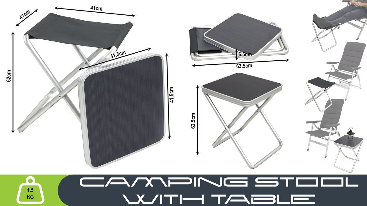Camping stool with table and dimensions displayed