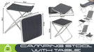 Camping stool with table and dimensions displayed
