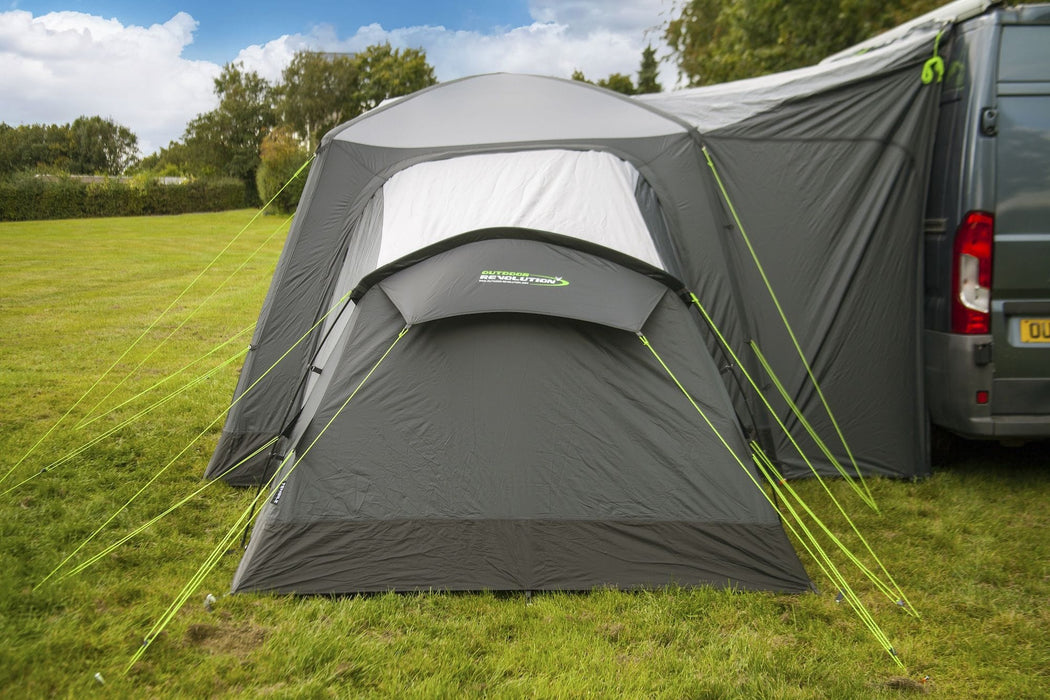 orda1623-02 Gray tent attached to a van on grass with trees in the background
