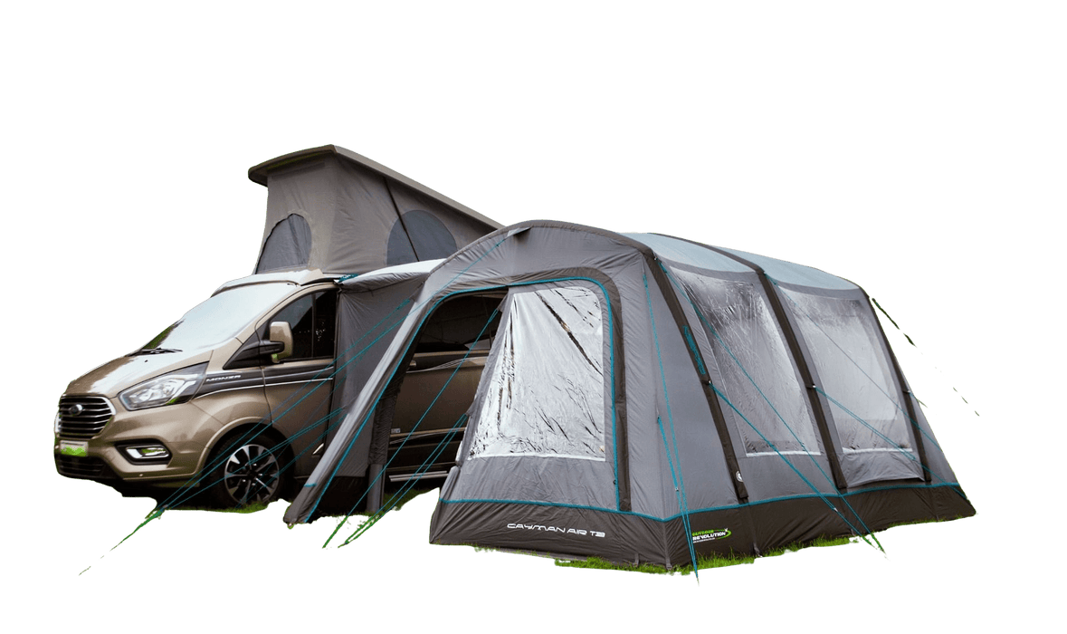 Van with a large inflatable tent attached on a white background