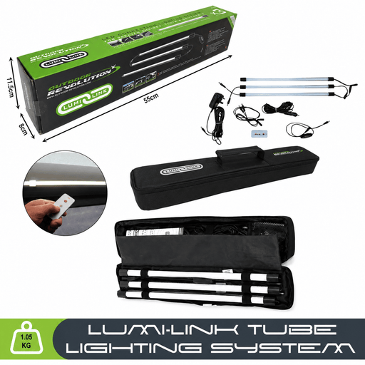 Outdoor Revolution Lumi-Link V2 Triple LED Tube Light Kit - main product image, showing product both in and out of carry case, with outer packaging including dimensions, remote control and power pack
