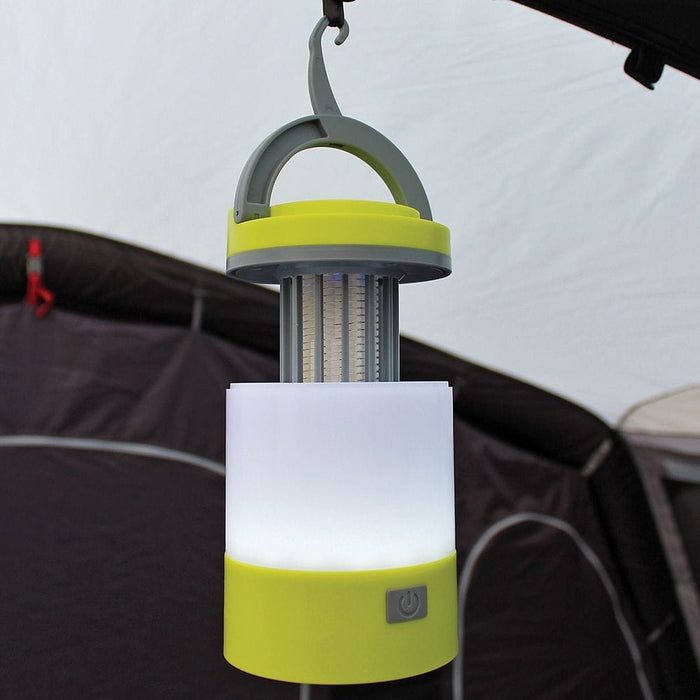 Outdoor Revolution Lumi-Mosi Recharageable Lantern & Mosquito Killer - product image, showing lit lamp with extended mosi-killer hanging from a hook loop